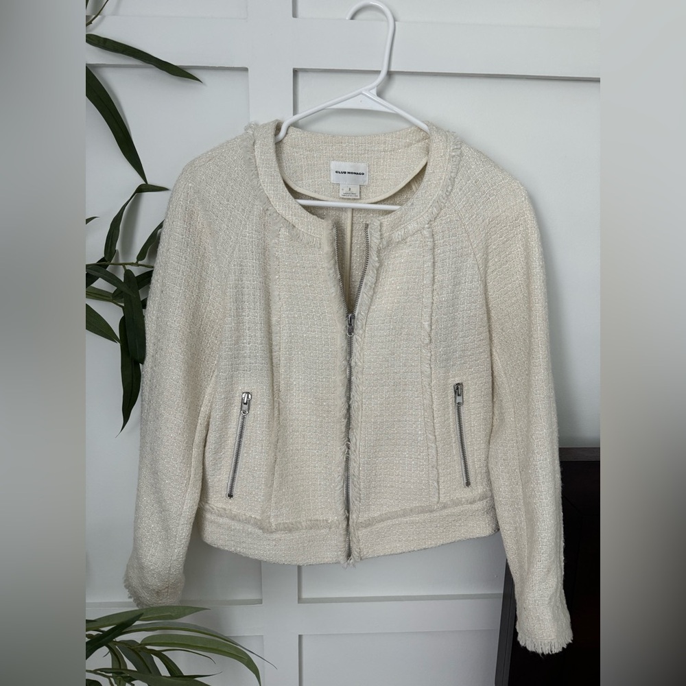 EUC Club Monaco cream zip-up tweed jacket size 2